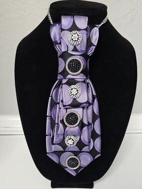 Upcycled Purple and Black Polka Dot Necktie Necklace with Rhinestone Buttons